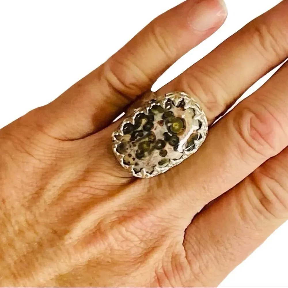 Natural Ocean Jasper Wide Diamond Band Sterling Silver Statement Ring - NEW